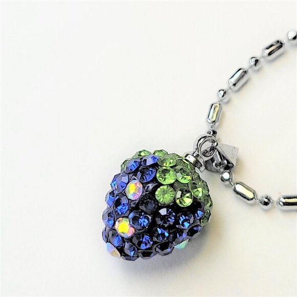 STRAWBERRY Shape Mini Aqua Blue and Lime Green Rhinestone Small Pendant Necklace - Picture 6 of 12
